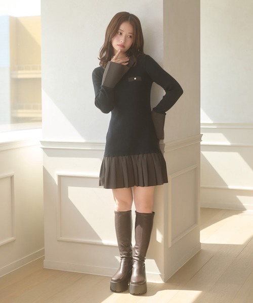 Ambre Neige(アンブルネージュ)の「bicolor polo knit mini dress / ハイショクポロニットミニワンピース(ワンピース・レディース・ブラック/チャコールグレー・FREE)」の16枚目の写真