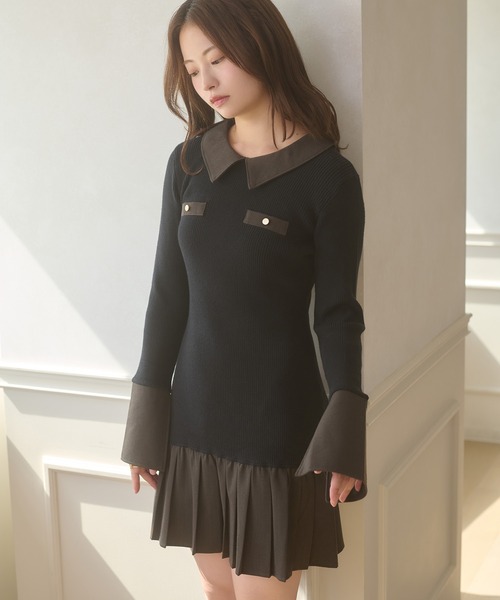 Ambre Neige(アンブルネージュ)の「bicolor polo knit mini dress / ハイショクポロニットミニワンピース(ワンピース・レディース・ブラック/チャコールグレー・FREE)」の11枚目の写真