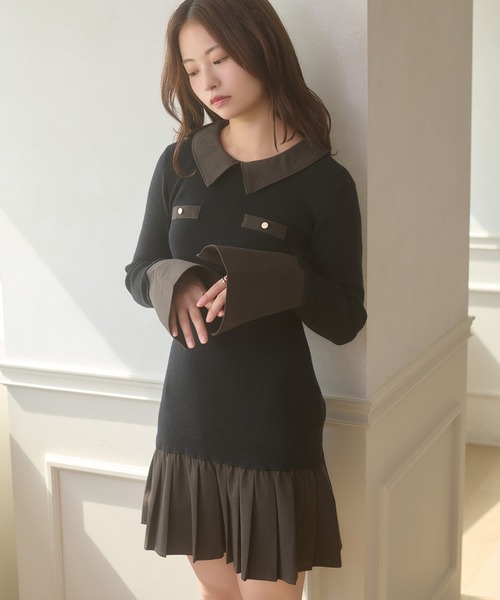 Ambre Neige(アンブルネージュ)の「bicolor polo knit mini dress / ハイショクポロニットミニワンピース(ワンピース・レディース・ブラック/チャコールグレー・FREE)」の14枚目の写真