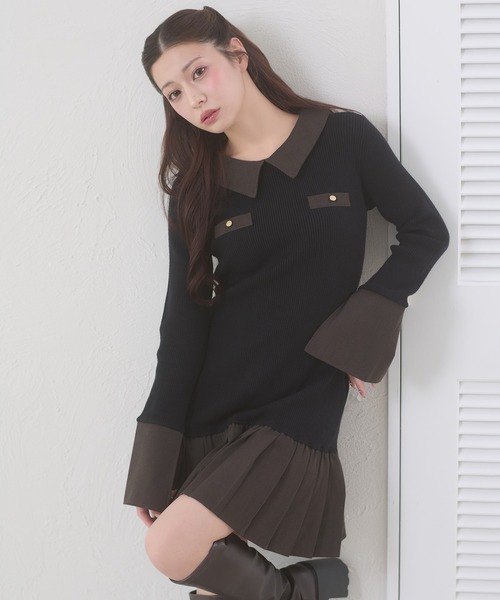 Ambre Neige(アンブルネージュ)の「bicolor polo knit mini dress / ハイショクポロニットミニワンピース(ワンピース・レディース・ブラック/チャコールグレー・FREE)」の4枚目の写真