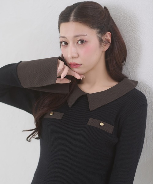 Ambre Neige(アンブルネージュ)の「bicolor polo knit mini dress / ハイショクポロニットミニワンピース(ワンピース・レディース・ブラック/チャコールグレー・FREE)」の7枚目の写真