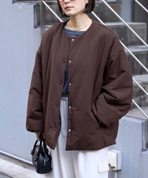 2WAY ノーカラー オーバーサイズ 中綿ブルゾン ジャケットブラウン