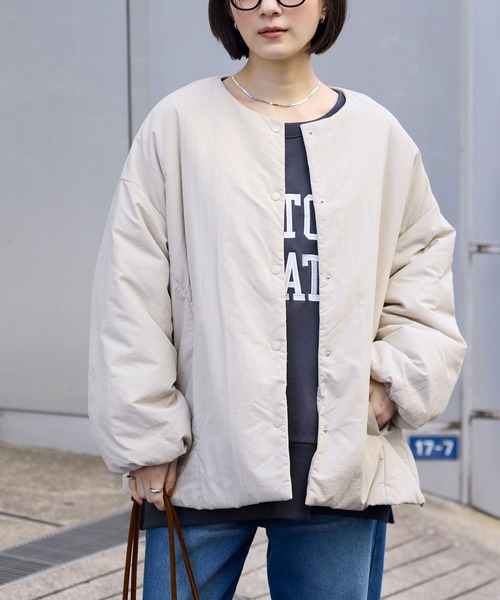 2WAY ノーカラー オーバーサイズ 中綿ブルゾン ジャケット MONO-MART