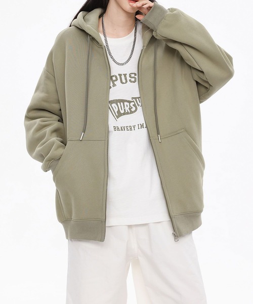 aimoha（アイモハ）の「ドロップショルダーフルジップパーカー/Drop shoulder full zip hoodie（パーカー・メンズ・ブラック/グリーン/ブラウン/ライトグレー/ベージュ・X-LARGE/MEDIUM/LARGE）」の5枚目の写真