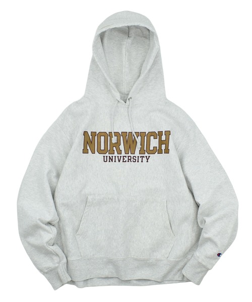 【USED】Champion “NORWICH UNIVERSITY” リバースウィーブ フーディ