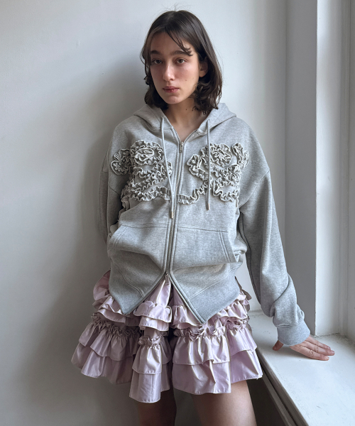 セール】Rose Frill Oversized-Fit Hooded Zip-Up (Melange Grey 