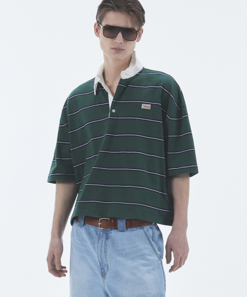 NOHANT(ノアン)の「WIRE STRIPE RUGBY SHORT SLEEVE T-SHIRT GREEN(ポロシャツ・メンズ・グリーン・SMALL/MEDIUM/LARGE)」の1枚目の写真