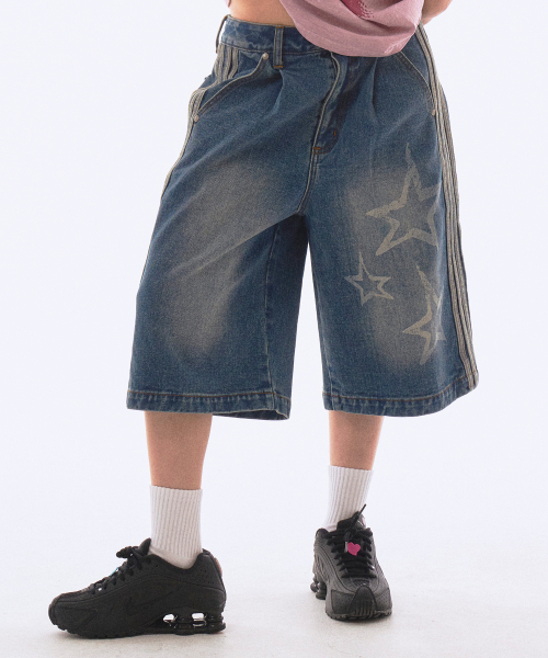デニムスタラインテープバミューダショーツブルー