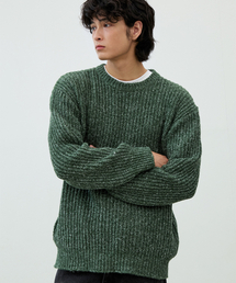 ADN ボカシハッチラウンドセミオーバーフィット長袖ニット[グリーン]