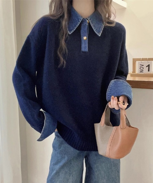 デニムシャツレイヤード風ニットトップス（ニット/セーター）｜ONEP