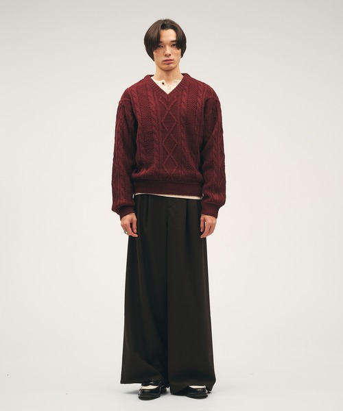 セール】Shallow V-Neck Cable Knit / 浅Vネックケーブルニット