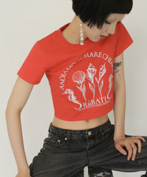 シェルフラワークロップTシャツ_ヴィンテージレッド