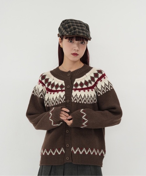 Uenui(ウニュイ)の「【 cunii 】ノルディック 配色 カーディガン ニット 冬 ガーリー 韓国 レディース 体型カバー(カーディガン/ボレロ・レディース・ブラウン/アイボリー・FREE)」の1枚目の写真