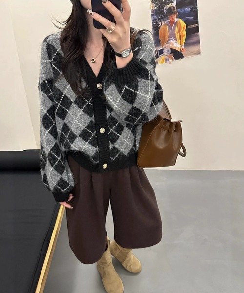 gossip！ロサンゼルス（ゴシップロサンゼルス）の「アーガイル柄 ルーズカーディガン（カーディガン/ボレロ・レディース・グレー/ブラウン・FREE）」の4枚目の写真
