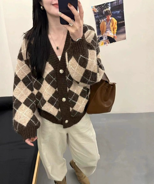 gossip！ロサンゼルス（ゴシップロサンゼルス）の「アーガイル柄 ルーズカーディガン（カーディガン/ボレロ・レディース・グレー/ブラウン・FREE）」の7枚目の写真