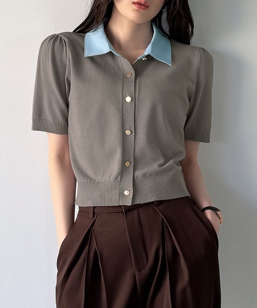 junoah（ジュノア）の「リボン取り外し可能ショート丈ドッキング半袖ポロニット（ニット/セーター・レディース・グレー/ブラック/ネイビー・LARGE/MEDIUM）」の4枚目の写真