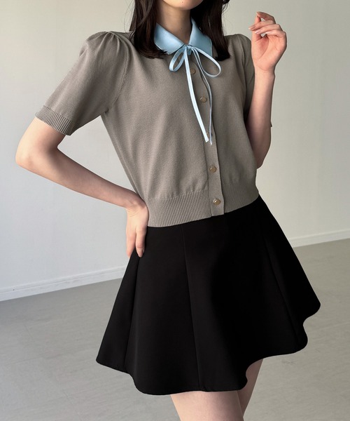 junoah（ジュノア）の「リボン取り外し可能ショート丈ドッキング半袖ポロニット（ニット/セーター・レディース・グレー/ブラック/ネイビー・LARGE/MEDIUM）」の7枚目の写真