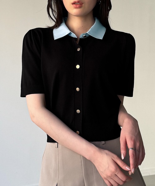 junoah（ジュノア）の「リボン取り外し可能ショート丈ドッキング半袖ポロニット（ニット/セーター・レディース・グレー/ブラック/ネイビー・LARGE/MEDIUM）」の11枚目の写真