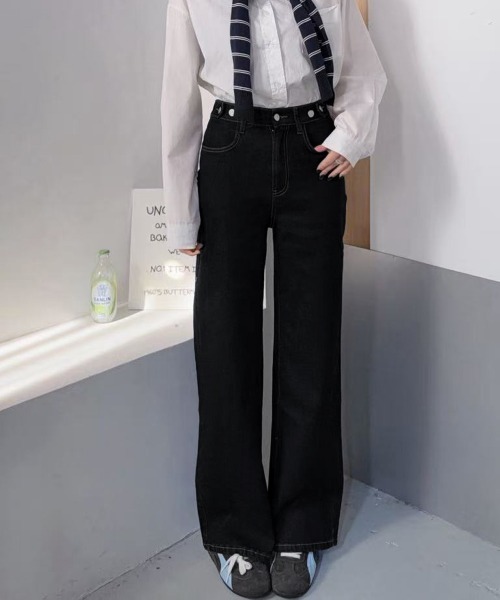 Miniministore(ミニミニストア)の「レディースデニムパンツウエストボタン調節(デニムパンツ・レディース・ブラック/ダークブルー・M/XL/S/L)」の1枚目の写真