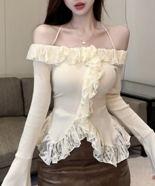 おしゃれスタ(オシャレスタ)の「オフショルフリルラインリブトップス(その他トップス・レディース・ブラック/アイボリー・FREE)」の3枚目の写真