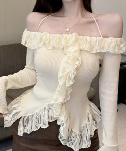 おしゃれスタ(オシャレスタ)の「オフショルフリルラインリブトップス(その他トップス・レディース・ブラック/アイボリー・FREE)」の6枚目の写真