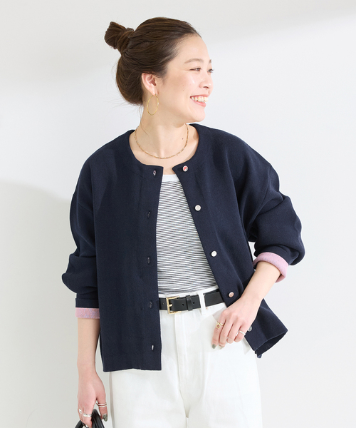 B.C STOCK(ベーセーストック)の「手洗い可 / 配色ニットカーディガン(カーディガン/ボレロ・レディース・ネイビー/ホワイト/ライトグレー・FREE)」の1枚目の写真