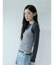 STRIPED HALTER NECK LAYERED T-SHIRT(GREY)