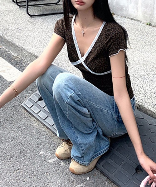 shyam inspiration(シャムインスピレーション)の「VネックレースミニTシャツ/ハート/レオパード/平成/Y2K(Tシャツ/カットソー・レディース・ホワイト系その他/ブラウン/ホワイト・L/M)」の10枚目の写真