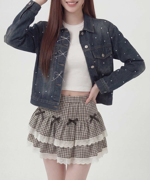 セール】HOOK for girls パールドット×リボンデザインデニムジャケット