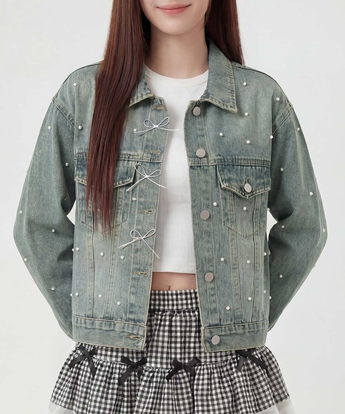 HOOK(フック)の「HOOK for girls パールドット×リボンデザインデニムジャケット(デニムジャケット・レディース・インディゴブルー/ライトブルー/ブルー・FREE)」の2枚目の写真
