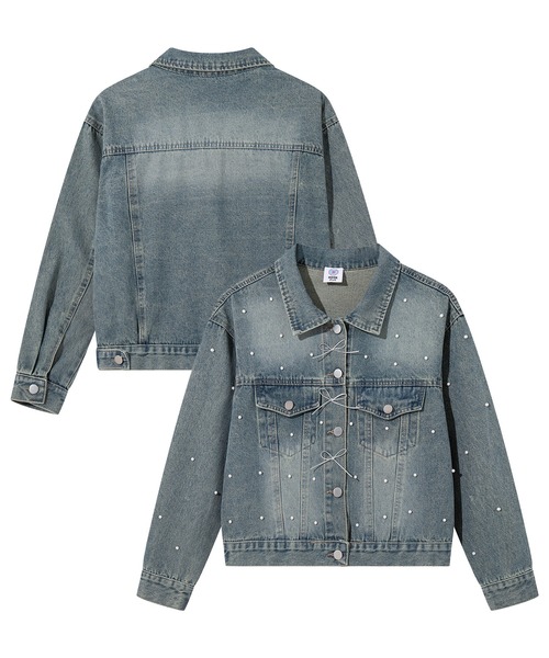 HOOK(フック)の「HOOK for girls パールドット×リボンデザインデニムジャケット(デニムジャケット・レディース・インディゴブルー/ライトブルー/ブルー・FREE)」の4枚目の写真