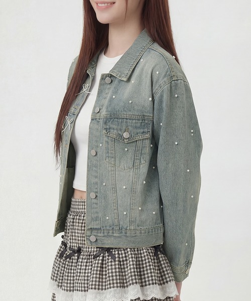 HOOK(フック)の「HOOK for girls パールドット×リボンデザインデニムジャケット(デニムジャケット・レディース・インディゴブルー/ライトブルー/ブルー・FREE)」の9枚目の写真