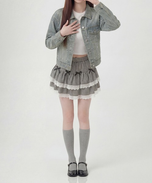 HOOK(フック)の「HOOK for girls パールドット×リボンデザインデニムジャケット(デニムジャケット・レディース・インディゴブルー/ライトブルー/ブルー・FREE)」の6枚目の写真