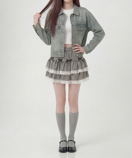 HOOK(フック)の「HOOK for girls パールドット×リボンデザインデニムジャケット(デニムジャケット・レディース・インディゴブルー/ライトブルー/ブルー・FREE)」の7枚目の写真