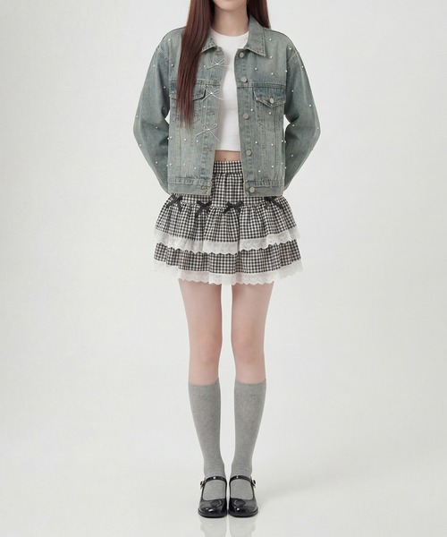 HOOK(フック)の「HOOK for girls パールドット×リボンデザインデニムジャケット(デニムジャケット・レディース・インディゴブルー/ライトブルー/ブルー・FREE)」の8枚目の写真