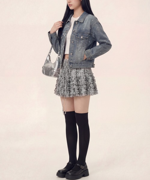 HOOK(フック)の「HOOK for girls パールドット×リボンデザインデニムジャケット(デニムジャケット・レディース・インディゴブルー/ライトブルー/ブルー・FREE)」の13枚目の写真