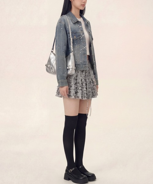 HOOK(フック)の「HOOK for girls パールドット×リボンデザインデニムジャケット(デニムジャケット・レディース・インディゴブルー/ライトブルー/ブルー・FREE)」の11枚目の写真