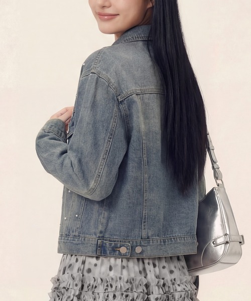 HOOK(フック)の「HOOK for girls パールドット×リボンデザインデニムジャケット(デニムジャケット・レディース・インディゴブルー/ライトブルー/ブルー・FREE)」の14枚目の写真