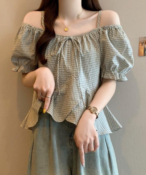 semplice（センプリチェ）の「ブラウス【韓国ファッション】（シャツ/ブラウス・レディース・ベージュ/ブルー・F）」の2枚目の写真