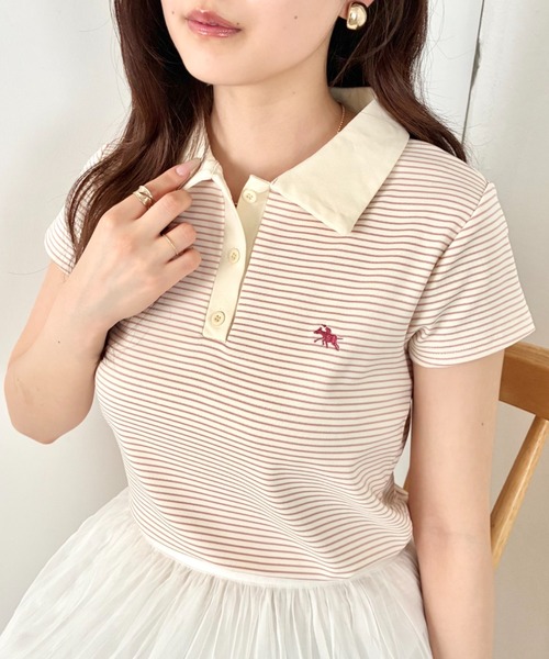 POLOCHAMPS（ポロチャンプス）の「POLOCHAMPS(ポロチャンプス)/ワンポイント刺繍 ポロシャツ フレンチスリーブ/襟付きTシャツ（Tシャツ/カットソー・レディース・ネイビー/グリーン/ブラック/サックスブルー/ピンク・FREE）」の5枚目の写真
