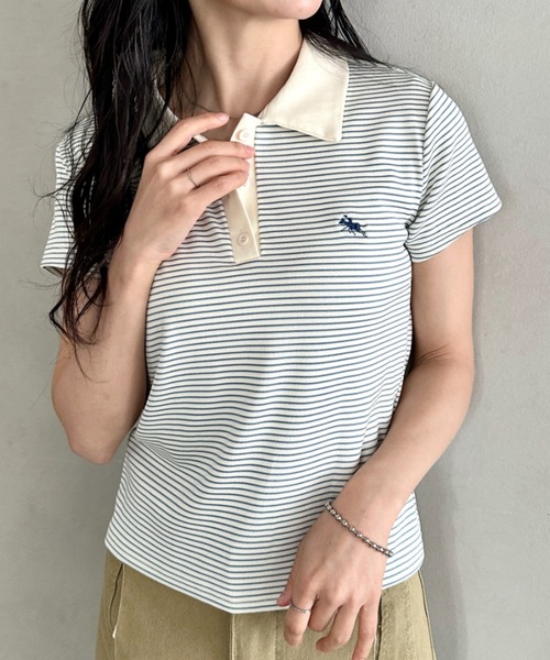 POLOCHAMPS（ポロチャンプス）の「POLOCHAMPS(ポロチャンプス)/ワンポイント刺繍 ポロシャツ フレンチスリーブ/襟付きTシャツ（Tシャツ/カットソー・レディース・ネイビー/グリーン/ブラック/サックスブルー/ピンク・FREE）」の14枚目の写真