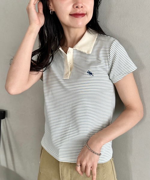 POLOCHAMPS（ポロチャンプス）の「POLOCHAMPS(ポロチャンプス)/ワンポイント刺繍 ポロシャツ フレンチスリーブ/襟付きTシャツ（Tシャツ/カットソー・レディース・ネイビー/グリーン/ブラック/サックスブルー/ピンク・FREE）」の13枚目の写真