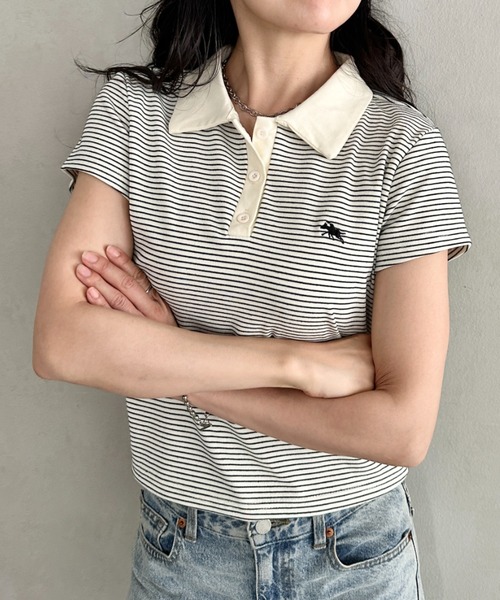 POLOCHAMPS（ポロチャンプス）の「POLOCHAMPS(ポロチャンプス)/ワンポイント刺繍 ポロシャツ フレンチスリーブ/襟付きTシャツ（Tシャツ/カットソー・レディース・ネイビー/グリーン/ブラック/サックスブルー/ピンク・FREE）」の10枚目の写真