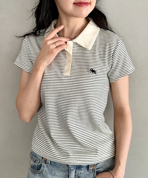 POLOCHAMPS（ポロチャンプス）の「POLOCHAMPS(ポロチャンプス)/ワンポイント刺繍 ポロシャツ フレンチスリーブ/襟付きTシャツ（Tシャツ/カットソー・レディース・ネイビー/グリーン/ブラック/サックスブルー/ピンク・FREE）」の9枚目の写真