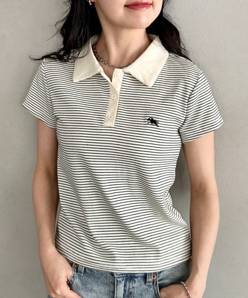 POLOCHAMPS（ポロチャンプス）の「POLOCHAMPS(ポロチャンプス)/ワンポイント刺繍 ポロシャツ フレンチスリーブ/襟付きTシャツ（Tシャツ/カットソー・レディース・ネイビー/グリーン/ブラック/サックスブルー/ピンク・FREE）」の8枚目の写真