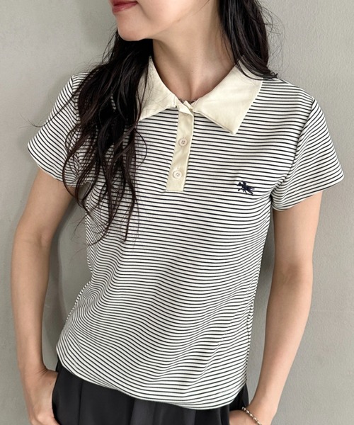 POLOCHAMPS（ポロチャンプス）の「POLOCHAMPS(ポロチャンプス)/ワンポイント刺繍 ポロシャツ フレンチスリーブ/襟付きTシャツ（Tシャツ/カットソー・レディース・ネイビー/グリーン/ブラック/サックスブルー/ピンク・FREE）」の18枚目の写真