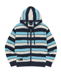 STRIPED JACQUARD HOOD ZIP UP - BLUE