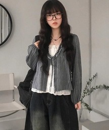 フリル バブルスリーブ ストライプ シャツ