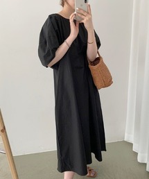 ラウンドネック 半袖 パフスリーブ オーバーサイズ サイドポケット ロングワンピース