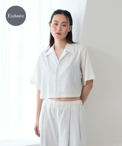 THE GOODLAND MARKET(ザグッドランドマーケット)の「『別注』MIDIUMISOLID×THE GOODLAND MARKET LINEN open-collar shirts(シャツ/ブラウス・レディース・ホワイト/ブラック・FREE)」の2枚目の写真